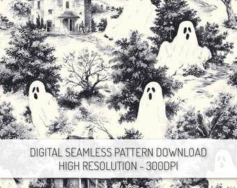 May include: Black and white digital seamless pattern featuring a haunted house, trees, and ghosts. The design is reminiscent of a vintage toile, with a spooky Halloween theme. The text at the bottom reads "DIGITAL SEAMLESS PATTERN DOWNLOAD HIGH RESOLUTION - 300DPI".