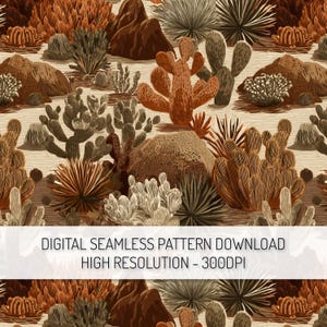 Puede incluir: Un patrón digital sin costuras que presenta un paisaje desértico con cactus, rocas y otras plantas del desierto en tonos marrones, beige y verdes. El texto "DIGITAL SEAMLESS PATTERN DOWNLOAD HIGH RESOLUTION - 300DPI" se muestra en la parte inferior.