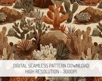 Western Cactus Seamless Pattern PNG Digital Download, Cowgirl Cowboy Repeat Pattern, Desert Landscape Scene Digital Paper Fabric Printable
