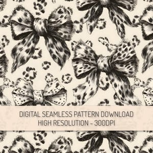 Leopard Animal Print Coquette Bow Seamless Pattern Digital Download PNG, Vintage Bows Repeating Pattern for Fabric, Digital Paper