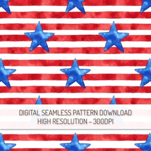 Puede incluir: Patrón digital sin costuras con estrellas azules y rayas rojas y blancas, que recuerda a la bandera estadounidense. El diseño tiene un efecto acuarela. El texto en la parte inferior dice "DESCARGA DE PATRÓN DIGITAL SIN COSTURAS ALTA RESOLUCIÓN - 300DPI."