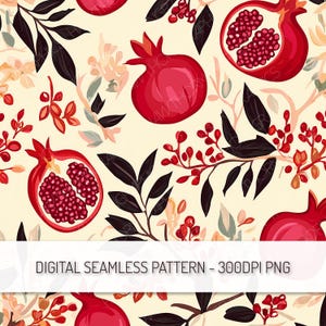 May include: A seamless pattern featuring red pomegranates, dark green leaves, and small red berries on a cream background. The pattern is perfect for use in digital design projects.