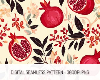 Pomegranate Seamless Pattern, Red Pomegranate PNG, Digital Download, Fruit Repeating Pattern, Pomegranates Digital Paper, Commercial Use