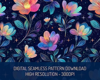 Starry Galaxy Floral Seamless Pattern PNG Digital Download, Neon Iridescent Flowers, Sparkly Glowing Repeat Fabric Pattern, Digital Paper