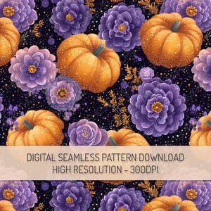 Könnte beinhalten: Ein digitales nahtloses Muster mit orangefarbenen Kürbissen und lila Blumen auf dunklem Hintergrund. Das Design enthält goldene Akzente und den Text "DIGITAL SEAMLESS PATTERN DOWNLOAD HIGH RESOLUTION - 300DPI".