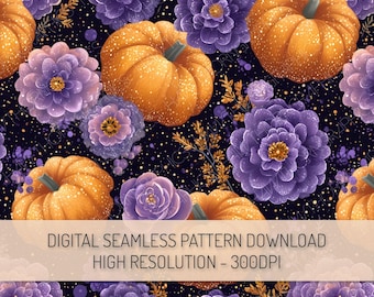 Patrón sin costuras de calabazas florales moradas PNG, descarga digital, patrón de repetición de otoño, patrón de calabaza de Halloween, patrón de cosecha de otoño