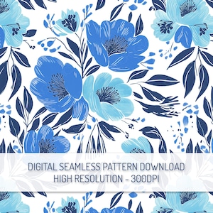 Blaues nahtloses mit Blumenmuster, Türkisblumen-Wiederholungsmuster PNG Digitaler Download, kräftiges, lebhaftes Blumenmuster, Blumen-Digitalpapier, botanisches Muster