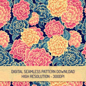 May include: A digital seamless pattern featuring a floral design with large, stylized flowers in shades of pink, yellow, and blue against a dark blue background. The text "DIGITAL SEAMLESS PATTERN DOWNLOAD HIGH RESOLUTION - 300DPI" is displayed.