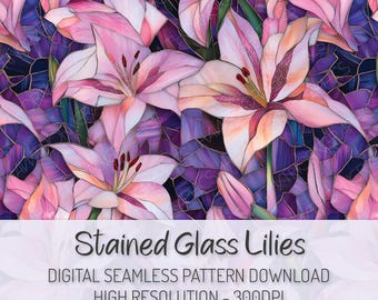 Stained Glass Floral Seamless Pattern PNG Digital Download Pink Lily Repeat Pattern, Purple Flower Wallpaper Design, Floral Digital Paper