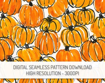 Patrón sin costuras de calabazas de acuarela (descarga digital PNG), patrón repetitivo de otoño, patrón de calabaza de Halloween, papel digital imprimible de otoño