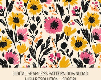 May include: Digital seamless pattern featuring a floral design with yellow and pink flowers, black leaves, and orange accents on a cream background. The text "DIGITAL SEAMLESS PATTERN DOWNLOAD HIGH RESOLUTION - 300DPI" is at the bottom.
