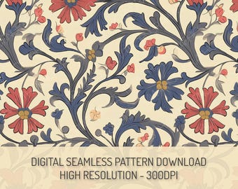 Classic Vintage Floral Seamless Pattern PNG Digital Download, Arts and Crafts Wallpaper, Medieval Art Repeat Pattern, Historical Pattern