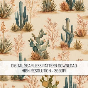 Desert Cactus Repeat Pattern PNG Digital Download, Seamless Western Digital Paper, Pattern Design for Fabric Textiles Wallpaper Print POD