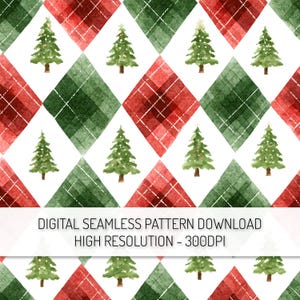 Puede incluir: Patrón digital sin costuras con un diseño repetitivo de árboles de Navidad verdes sobre un fondo blanco. Los árboles se intercalan con formas de rombos rojos y verdes. El texto "DIGITAL SEAMLESS PATTERN DOWNLOAD HIGH RESOLUTION - 300DPI" está en la parte inferior.