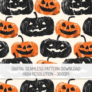 May include: A digital seamless pattern featuring a repeating design of orange and black jack-o'-lanterns with smiling faces. The pumpkins are set against a cream-colored background. The text "DIGITAL SEAMLESS PATTERN DOWNLOAD HIGH RESOLUTION - 300DPI" is at the bottom.