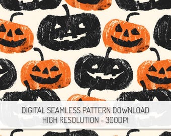 May include: A digital seamless pattern featuring a repeating design of orange and black jack-o'-lanterns with smiling faces. The pumpkins are set against a cream-colored background. The text "DIGITAL SEAMLESS PATTERN DOWNLOAD HIGH RESOLUTION - 300DPI" is at the bottom.