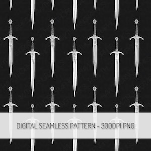May include: A seamless pattern featuring a repeating design of silver swords on a black background. The swords have a detailed design with a cross guard and a pointed tip.