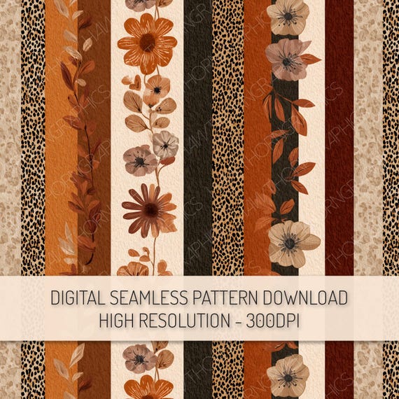 Autumn Floral Stripe Seamless Pattern PNG Digital Download, Boho Fall Flowers Repeat Pattern, Animal Print Fall Clipart, Digital Paper