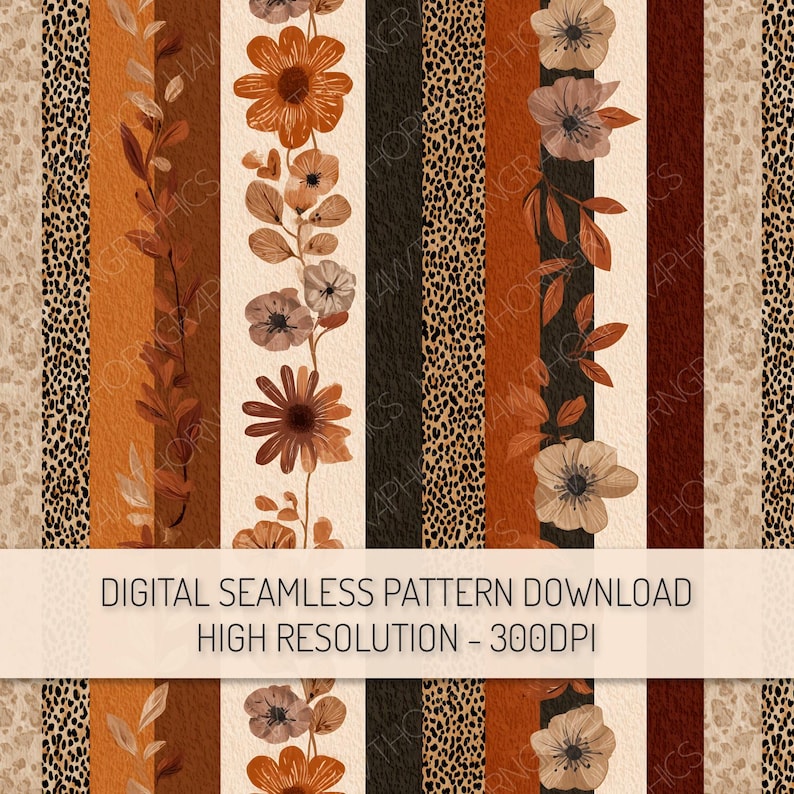 Autumn Floral Stripe Seamless Pattern PNG Digital Download, Boho Fall Flowers Repeat Pattern, Animal Print Fall Clipart, Digital Paper image 1
