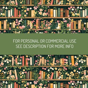 Seamless pattern of wooden bookshelves filled with colorful books and overgrown with lush green vines and blooming flowers in shades of pink, white, and yellow, set against a dark background.