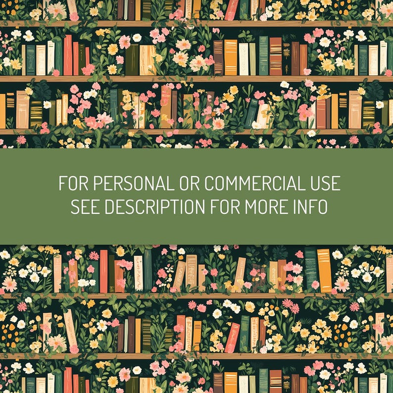 Seamless pattern of wooden bookshelves filled with colorful books and overgrown with lush green vines and blooming flowers in shades of pink, white, and yellow, set against a dark background.