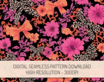 Leopard Print Coquette Bows Seamless Pattern PNG Digital Download, Maximalist Floral Repeat Pattern, Bright Pink Maximal Animal Pattern
