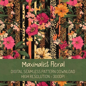 Puede incluir: Un patrón digital sin costuras con un diseño floral maximalista. Presenta flores rosas, naranjas y amarillas, sobre un fondo de rayas negras, estampado de leopardo y follaje verde. Se muestra el texto "Maximalist Floral".