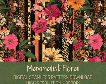 Maximalist Floral Seamless Pattern PNG Digital Download, Animal Print Repeat Pattern, Leopard Print, Pink Maximal Preppy Vibrant Pattern