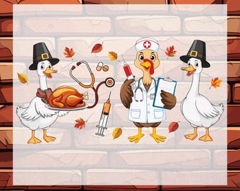 May include: A DTF transfer ready to press featuring two white geese wearing black pilgrim hats and a central turkey dressed as a medical professional with a stethoscope, syringe, and clipboard, surrounded by scattered autumn leaves.