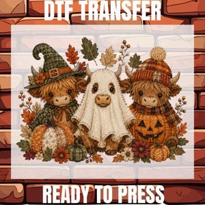 May include: A DTF TRANSFER READY TO PRESS graphic featuring three fluffy highland cows. One wears a green witch hat, one is dressed as a ghost in a white sheet, and one wears a plaid hat. They are surrounded by autumn leaves, pumpkins, and flowers.