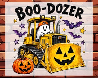 Funny Halloween Construction DTF, Ready To Press, Halloween Kids Transfer, Boo Dozer Boys