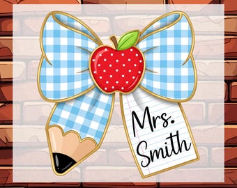 Custom Teacher Pencil Gingham Bow DTF Ready To Press, Personalized Back to School Transfer