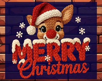 Faux Crochet Merry Christmas Reindeer DTF Ready To Press, Faux Yarn Xmas Transfers