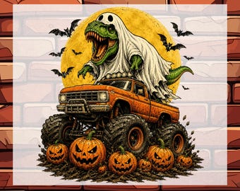 Ghost Dino Monster Truck Halloween Kids DTF, Ready To Press, Spooky Season Boy Transfer