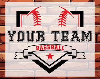 May include: DTF transfer design featuring baseball elements. The design includes the text "YOUR TEAM BASEBALL" with a star and a banner. The background is a brick wall. The text "READY TO PRESS" is also included.