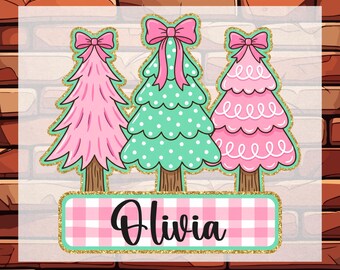 Personalized Girl Name Christmas Tree Ready To Press DTF, Custom Glitter Effect Xmas Tree Heat Transfer Iron On