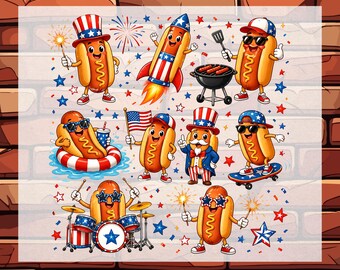 Funny 4th of July Hot Dog Characters DTF Ready To Press, American Flag Fireworks