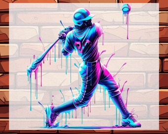 May include: DTF TRANSFER and READY TO PRESS text above and below a baseball player in a neon color scheme. The player is mid-swing, with a baseball bat and ball. The background is a brick wall.