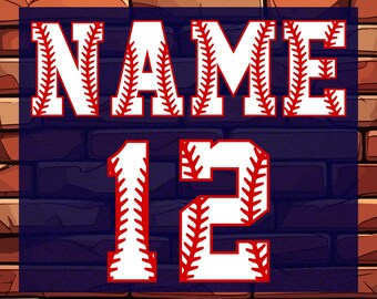 May include: A DTF transfer design featuring the word "NAME" and the number "12" in a baseball-themed font with red stitching details. The text "DTF TRANSFER" and "READY TO PRESS" are also included. The design is set against a brick wall background.