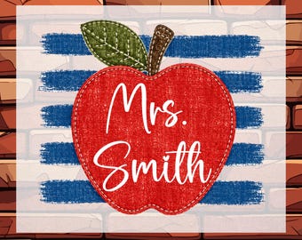 Custom Striped Teacher Apple Faux Patchwork DTF Ready To Press, Personalize Back to School
