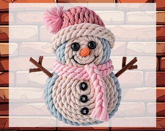 Faux Yarn Crochet Snowman Ready To Press DTF Heat Transfer, Christmas Pink Snowman