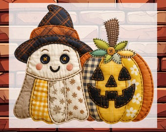 Faux Patchwork Ghost Pumpkin DTF Ready To Press, Halloween Cute Ghost Transfer, Preppy Floral Autumn Gift