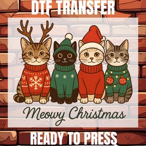 Gatos navideños melancólicos listos para usar, transferencia térmica navideña para amantes de los gatos, regalo de Navidad