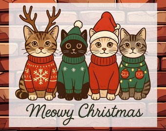 Meowy Christmas Cats DTF Ready To Press, Cat Lover Xmas Heat Transfer, Christmas Gift