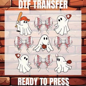May include: A DTF transfer sheet featuring a repeating pattern of white ghosts and baseball-themed bows. The ghosts are shown wearing orange caps, holding baseball bats, or wearing baseball gloves. The text reads DTF TRANSFER READY TO PRESS.