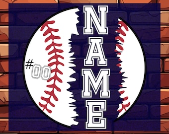 May include: A white baseball with red stitching is split in half, with the word "NAME" in large white letters on a dark blue background. The text "DTG TRANSFER" is at the top of the image, and "READY TO PRESS" is at the bottom. The number "#00" is on the baseball.