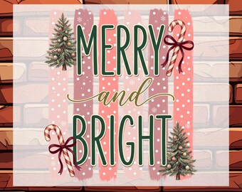 Striped Preppy Merry and Bright Christmas DTF Ready To Press, Xmas Holiday Heat Transfers