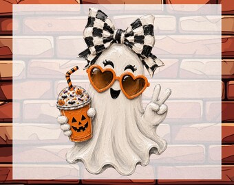 Halloween Coquette Bow Ghost Kids Ready To Press DTF Transfer, Girls Halloween Ghost Coffee