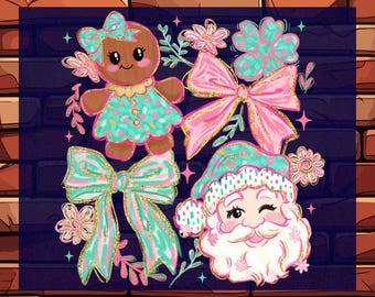 Preppy Santa Doodles Gingerbread Bow DTF Transfer Ready To Press, Glitter Effecet Xmas Santa