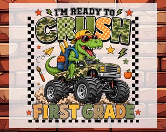 Back to School First Grade Dinosaur Truck DTF Ready To Press, Boys Dino Transfer